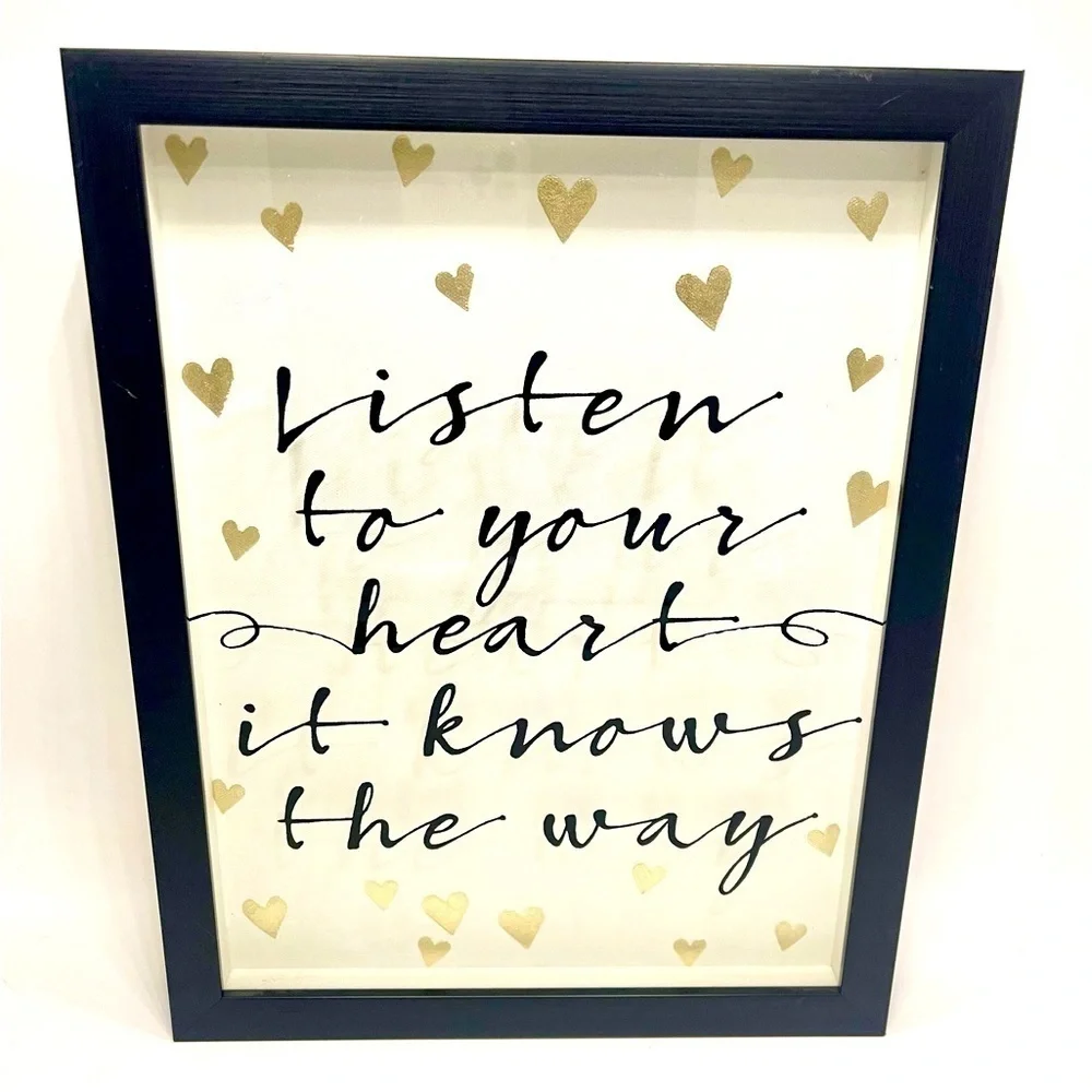 Listen to your Heart Framed Wall Decor Shadow Box 13.5x11” Black Gold White